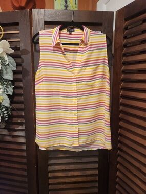The Limited Striped Sleeveless Button-Down Blouse in Yellow, Pink & White